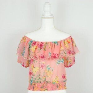 Flying Tomato Women's Small Peach Floral Off The Shoulder Semi Sheer Blouse